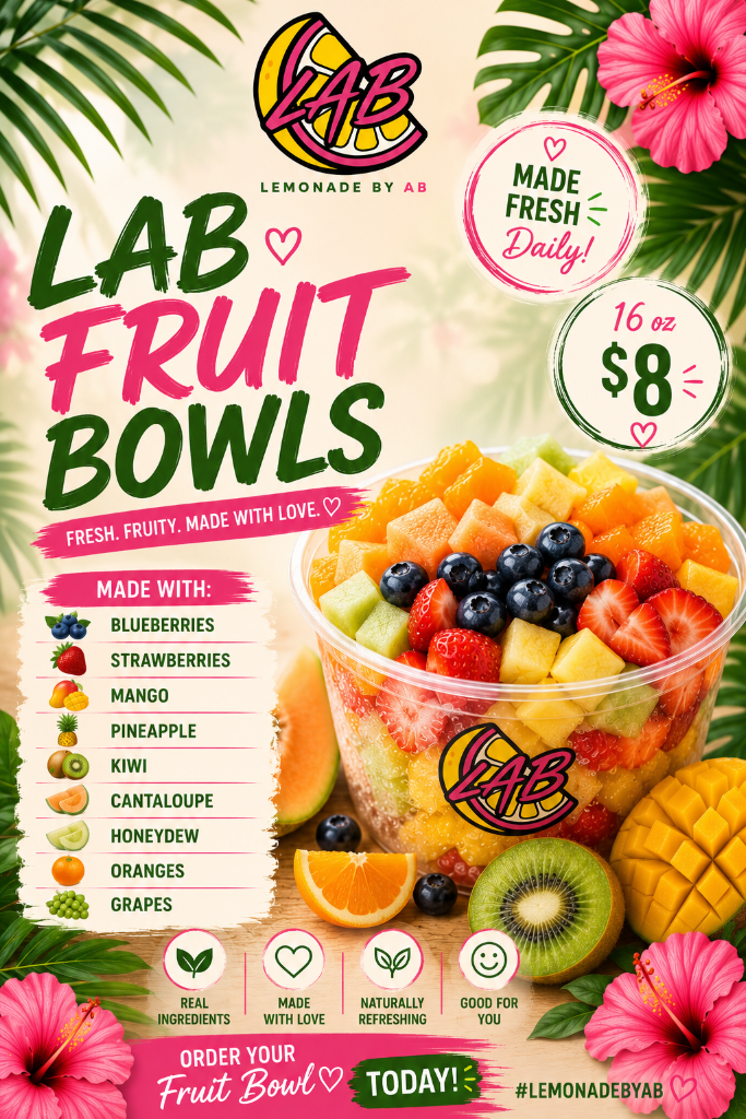 LAB fruit bowl loaded with fresh-cut mango, strawberries, blueberries, pineapple, kiwi