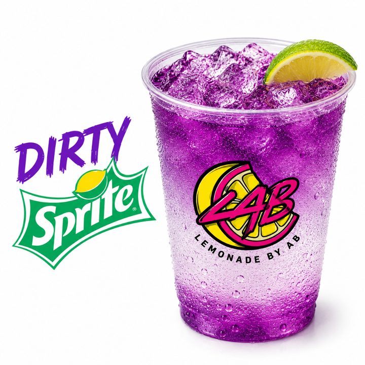 LAB purple Dirty Sprite in a branded cup with lime