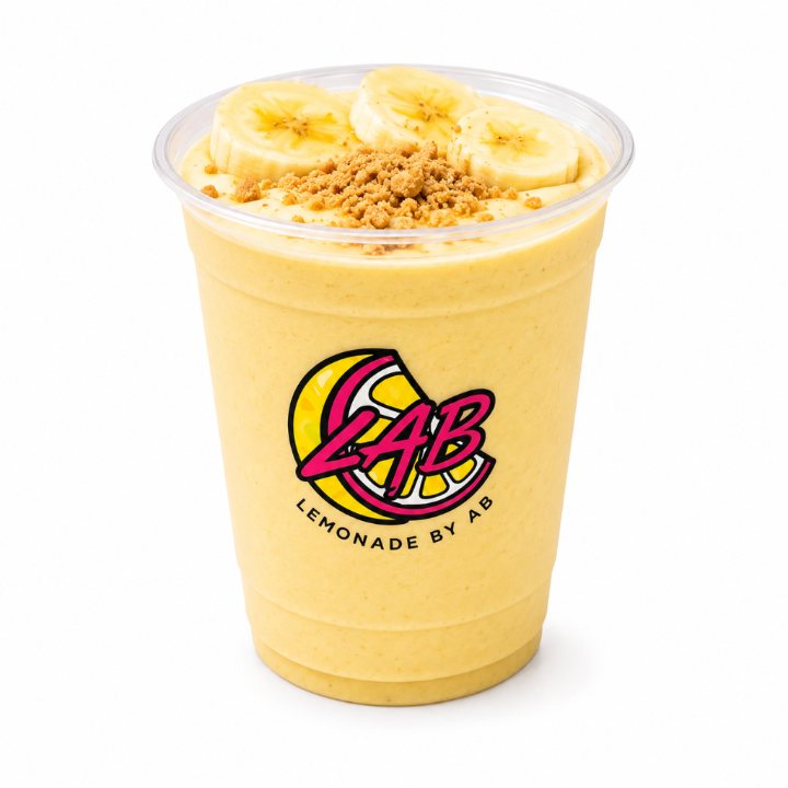 Banana protein shake topped with banana and crumble